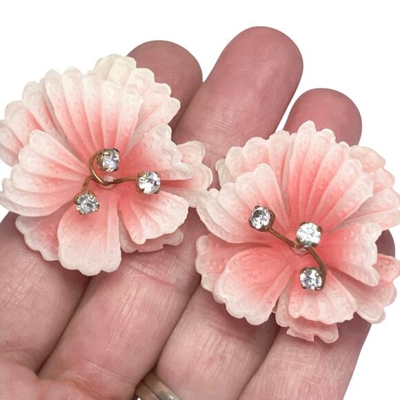 Vintage Austrian Lucite Floral Clip On Earrings 1950s Rhinestone Mid Century - Picture 2 of 11